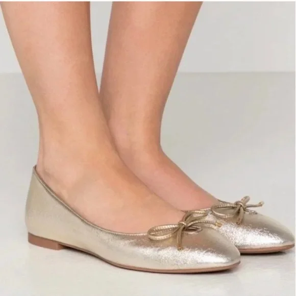 Stuart Weitzman Gabby Flats Gold Platino Ballet Leather Bows Classic NWT 7.5 - Picture 3 of 12